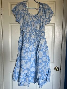 Blue Floral Tropical Tiki Smocked Waist Dress